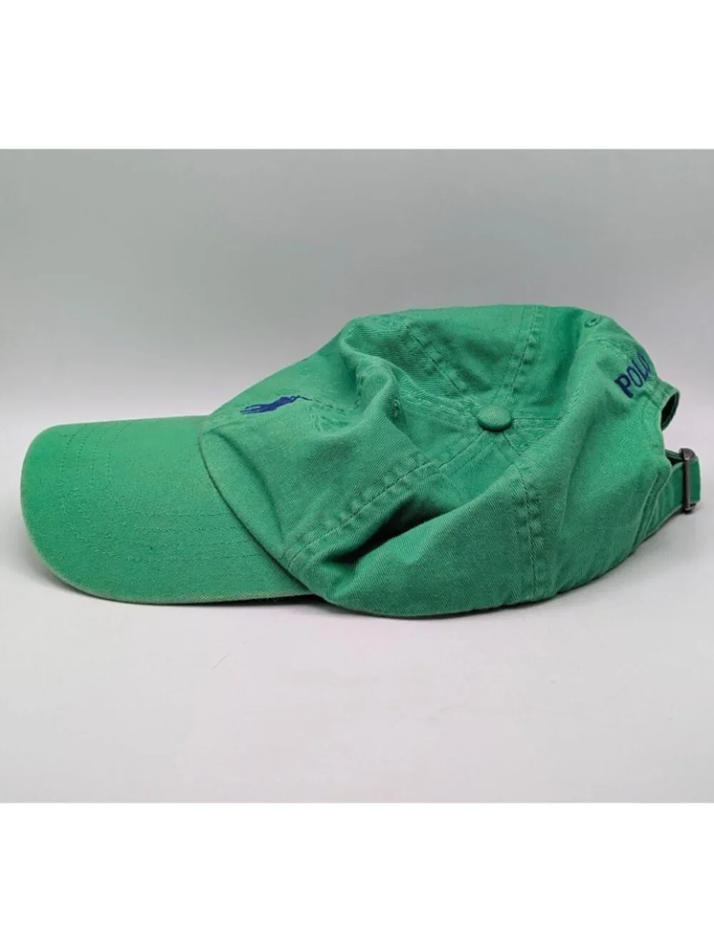 Vintage Polo Ralph Lauren Green Blue Pony Logo Leather Strap Back Hat Cap Y2K